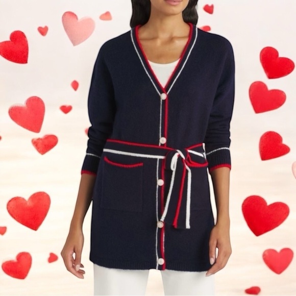 NEW Vigoss Navy Red & White Stripe Cozy Academia Mid-Length Cardigan Size M - Picture 1 of 8